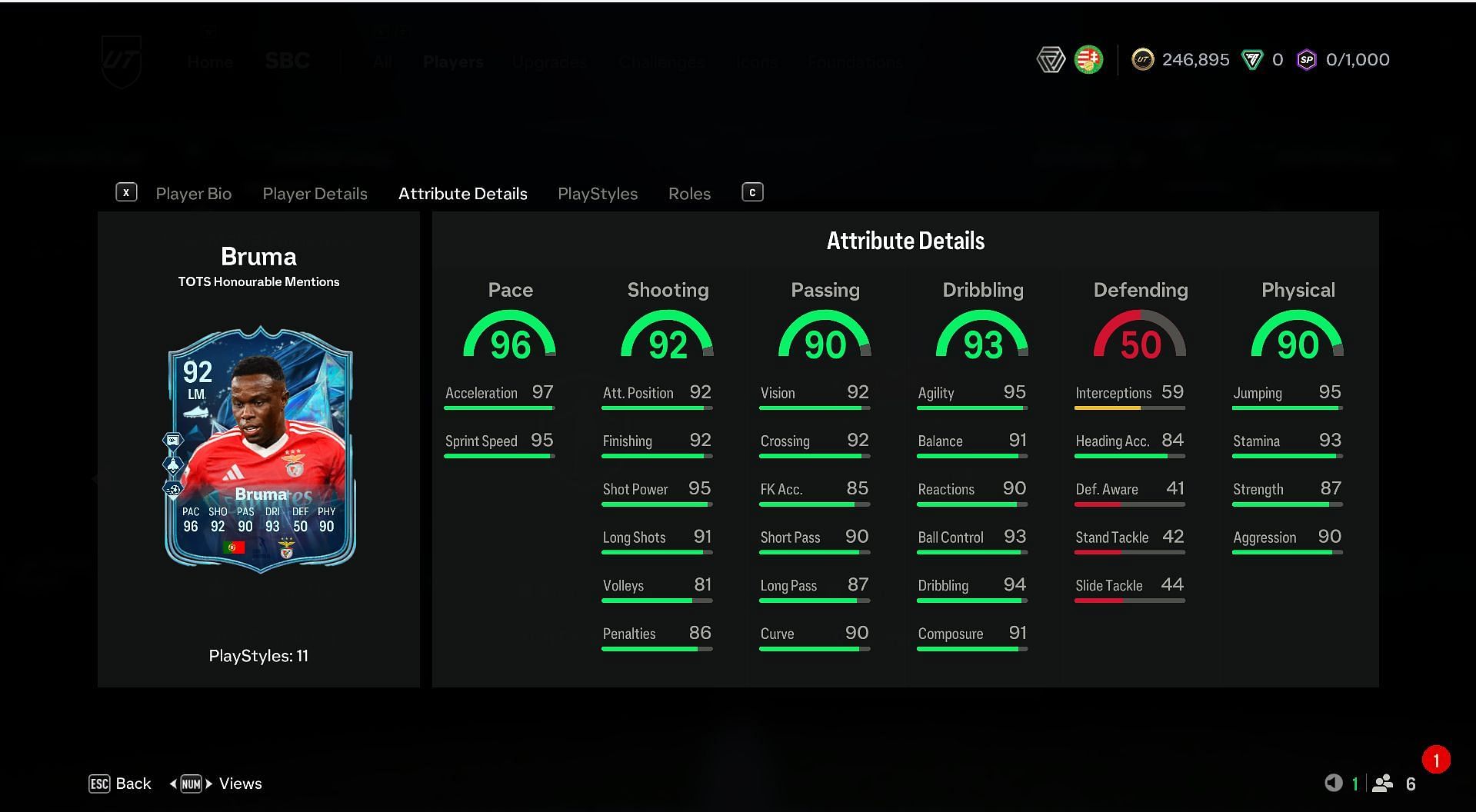 Bruma TOTS Honourable Mentions SBC attributes (Image via EA Sports)